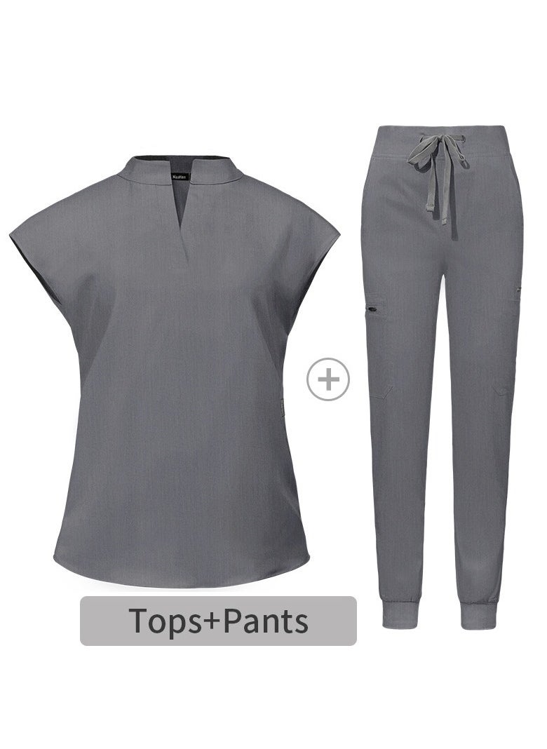 Loquat Womens Medical Uniform Scrubs 2 Piece Set V-Neck Top and Elastic Waist Jogger Pants Suit Grey 