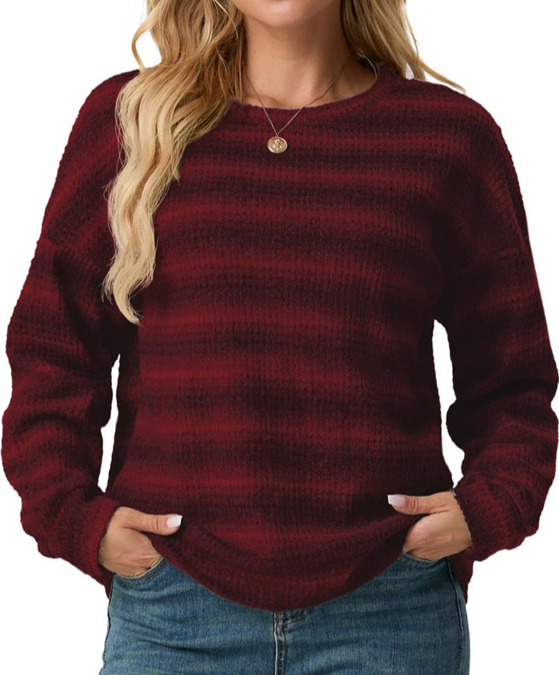 IWOLLENCE Women's Lightweight Waffle Knit Striped Long Sleeve Tops Crewneck Going Out Preppy Shirts Seniors Casual Loose Fall Sweaters Blouse 2025 Dark Red, L - Image 1