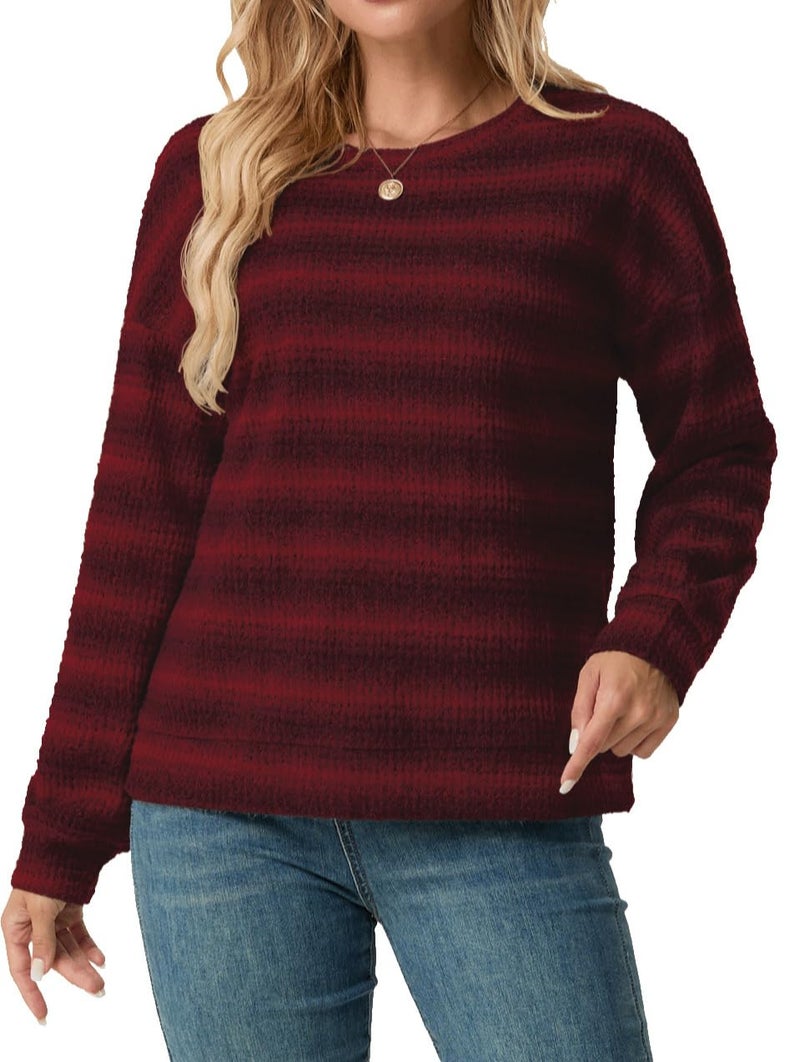IWOLLENCE Women's Lightweight Waffle Knit Striped Long Sleeve Tops Crewneck Going Out Preppy Shirts Seniors Casual Loose Fall Sweaters Blouse 2025 Dark Red, L - Image 2