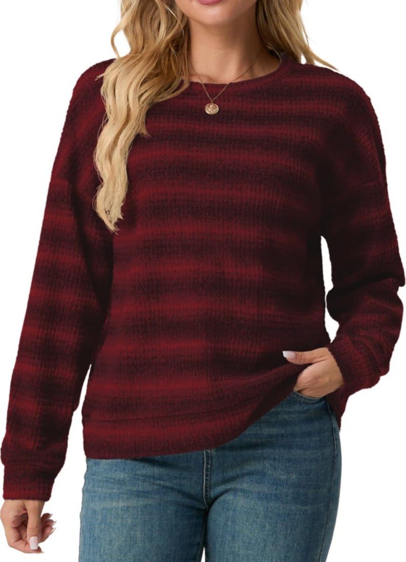 IWOLLENCE Women's Lightweight Waffle Knit Striped Long Sleeve Tops Crewneck Going Out Preppy Shirts Seniors Casual Loose Fall Sweaters Blouse 2025 Dark Red, L - Image 5
