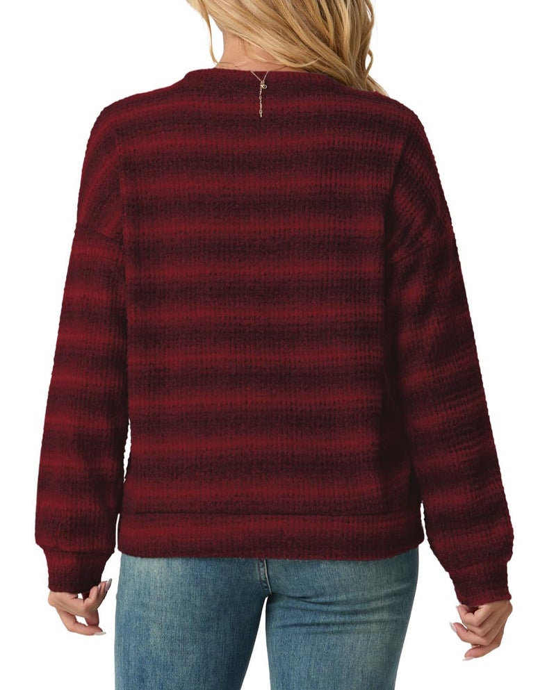 IWOLLENCE Women's Lightweight Waffle Knit Striped Long Sleeve Tops Crewneck Going Out Preppy Shirts Seniors Casual Loose Fall Sweaters Blouse 2025 Dark Red, L - Image 4