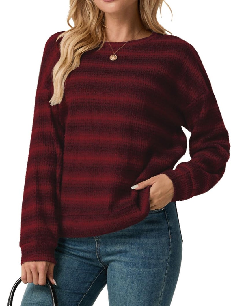IWOLLENCE Women's Lightweight Waffle Knit Striped Long Sleeve Tops Crewneck Going Out Preppy Shirts Seniors Casual Loose Fall Sweaters Blouse 2025 Dark Red, L - Image 3
