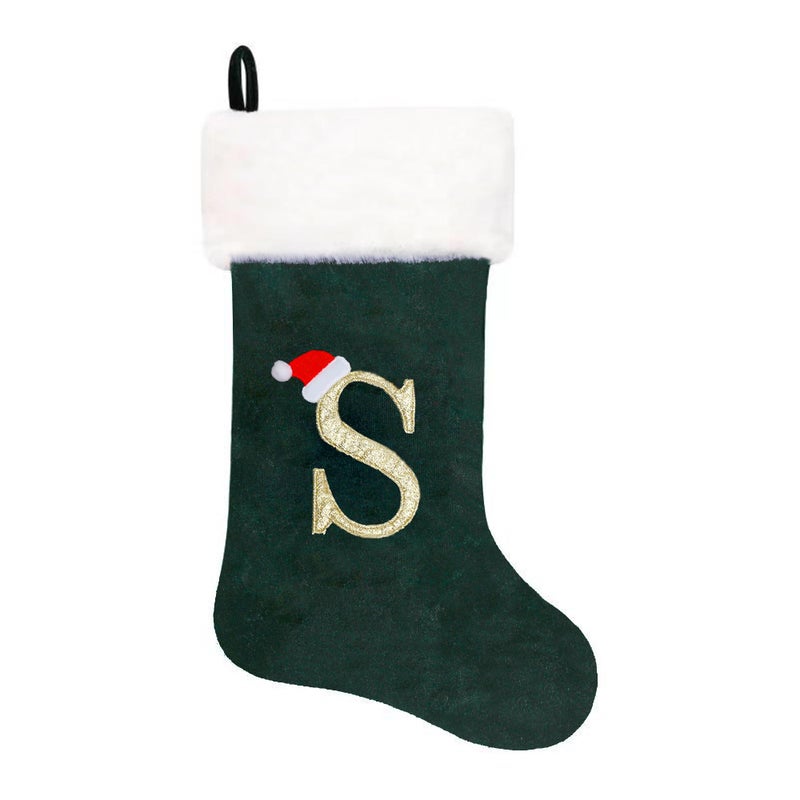Eoocan 20 Inches Monogram Christmas Stockings Green Velvet With White Super Soft Plush Cuff Embroidered Xmas Stocking Classic Personalized Stocking Decoration For Family Holiday Season Decor(Letter S)