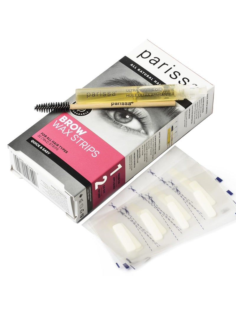 parissa - Parissa Eyebrow Wax Strips - All Natural, Biodegradable, Fragrance-Free for Easy Brow Shaping - Gentle on Sensitive Skin - 32 Count (16 x 2) + Post-Wax Ultra Soothe Oil - Image 1