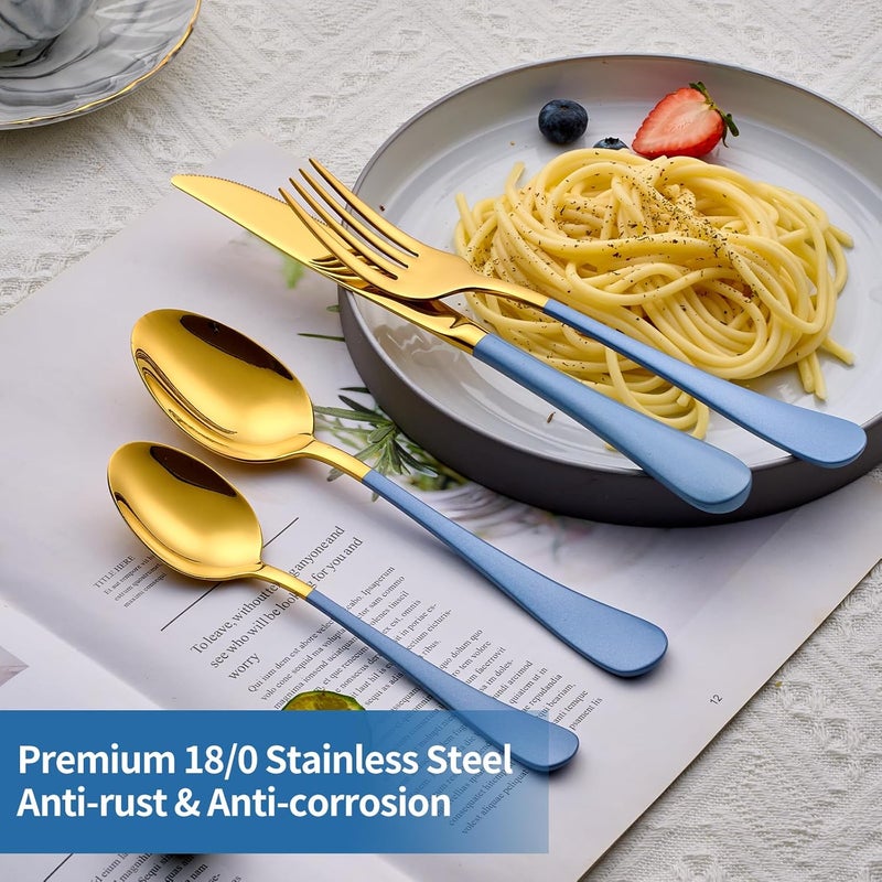 Moxinox 20-Piece Grey blue & Gold Silverware Set, 18/0 Stainless Steel Colorful Handle Flatware Set,Service for 4,Modern Cutlery Set Includes Dinner Knives Forks Spoons,Mirror Polished,Dishwasher Safe - Image 5
