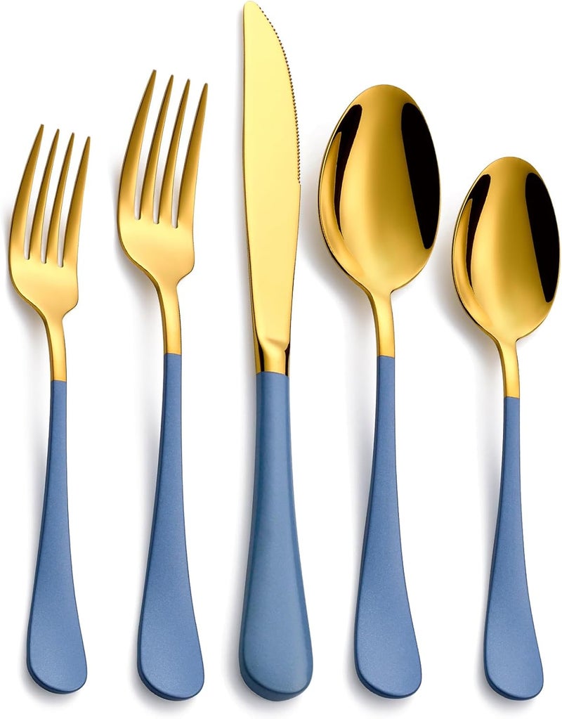 Moxinox 20-Piece Grey blue & Gold Silverware Set, 18/0 Stainless Steel Colorful Handle Flatware Set,Service for 4,Modern Cutlery Set Includes Dinner Knives Forks Spoons,Mirror Polished,Dishwasher Safe - Image 1