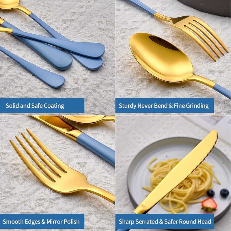 Moxinox 20-Piece Grey blue & Gold Silverware Set, 18/0 Stainless Steel Colorful Handle Flatware Set,Service for 4,Modern Cutlery Set Includes Dinner Knives Forks Spoons,Mirror Polished,Dishwasher Safe - Image 4