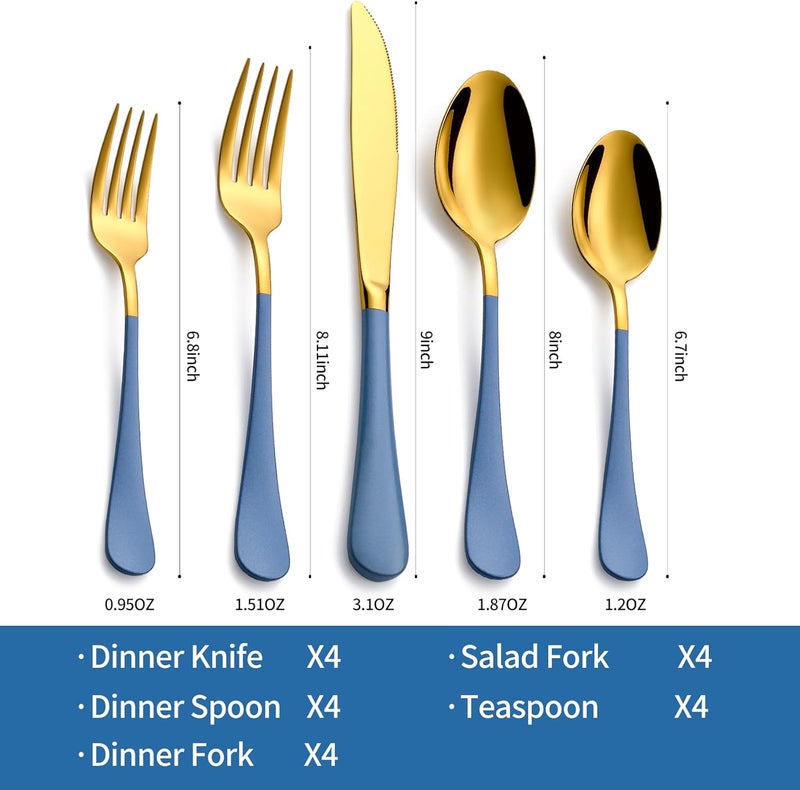 Moxinox 20-Piece Grey blue & Gold Silverware Set, 18/0 Stainless Steel Colorful Handle Flatware Set,Service for 4,Modern Cutlery Set Includes Dinner Knives Forks Spoons,Mirror Polished,Dishwasher Safe - Image 2