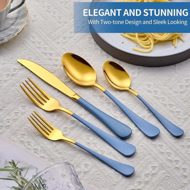 Moxinox 20-Piece Grey blue & Gold Silverware Set, 18/0 Stainless Steel Colorful Handle Flatware Set,Service for 4,Modern Cutlery Set Includes Dinner Knives Forks Spoons,Mirror Polished,Dishwasher Safe - Image 3