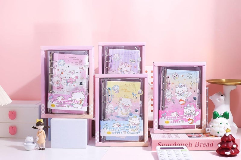 SWOPPERRY Korean Stationery Mini Transparent 3-Hole Binder Spiral Diary Notebook – Cute Kawaii Portable Journal Notebook Agenda for Girls & Students (80+ Pages) (little white cat c) - Image 1