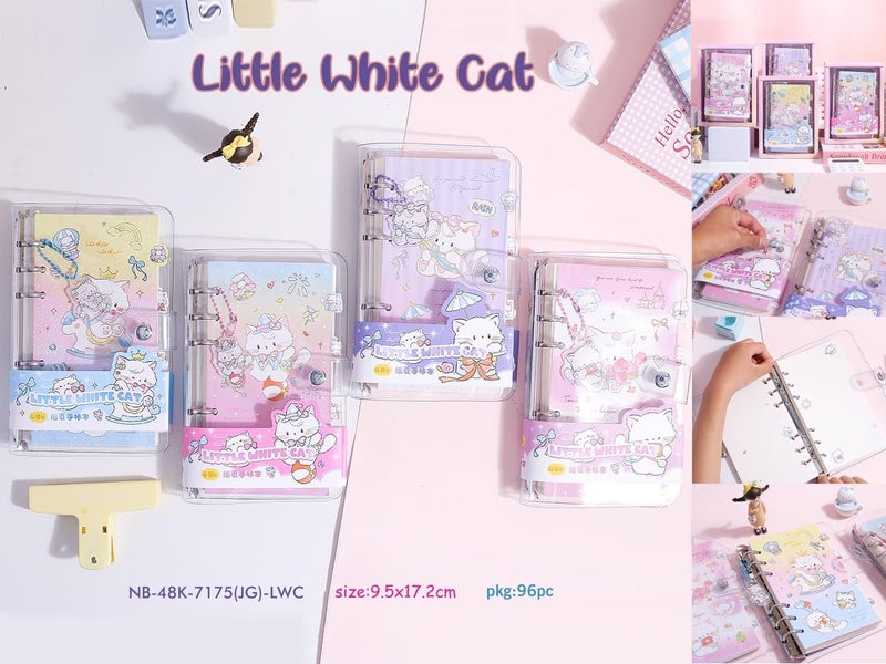 SWOPPERRY Korean Stationery Mini Transparent 3-Hole Binder Spiral Diary Notebook – Cute Kawaii Portable Journal Notebook Agenda for Girls & Students (80+ Pages) (little white cat c) - Image 2