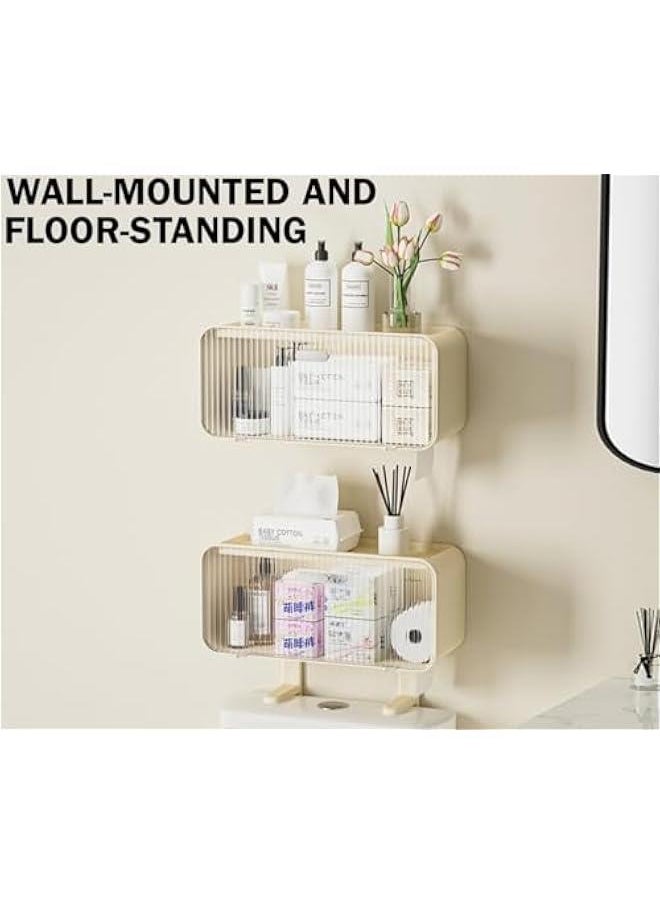 Storage Shelf Rack Organizer Wall Mountable Over the Toilet Tissue dispenser, Sturdy Bathroom Organizer Shelves, Space Saver Multifunctional Wall Mounted Design, No Drilling (Cream White)