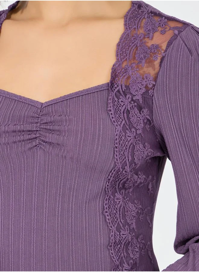 Styli Rib Lace Insert Top & Flare Pyjama Set