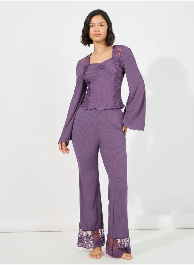 Styli Rib Lace Insert Top & Flare Pyjama Set