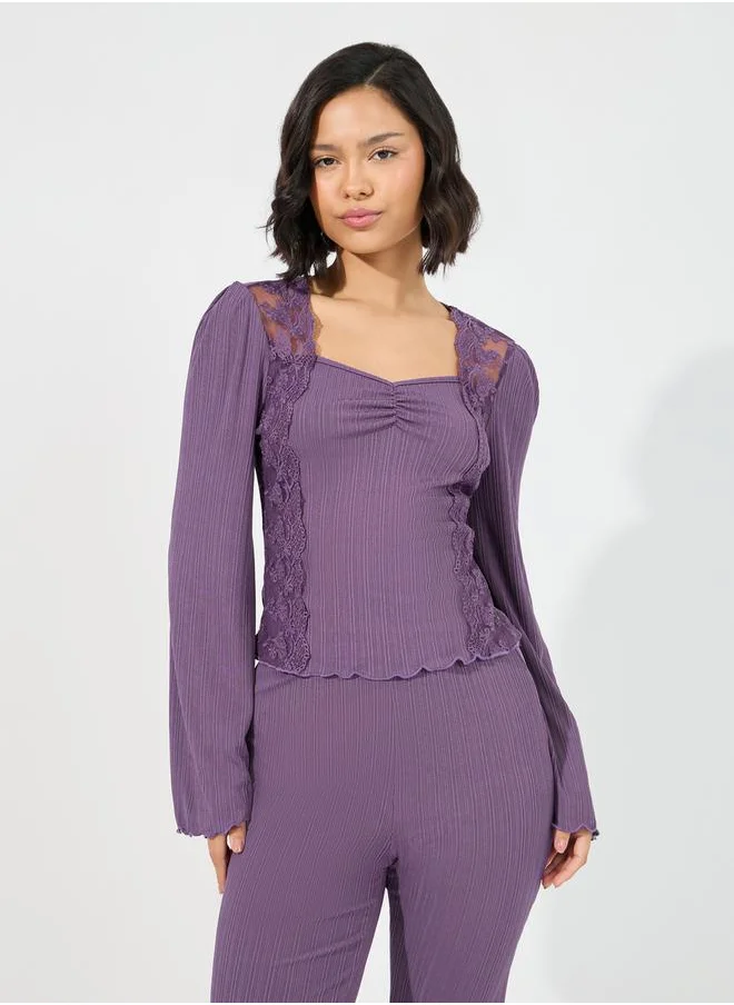Styli Rib Lace Insert Top & Flare Pyjama Set