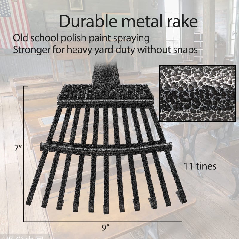 Oliynedy Adjustable Metal Garden Rake for Leaves - Long Handle 30-60", 11 Tines 9" Wide - Small Lawn Collapsible Yard Rake for Adults and Kids - Camping, Flower Beds, Mulch, Shrub - Image 3