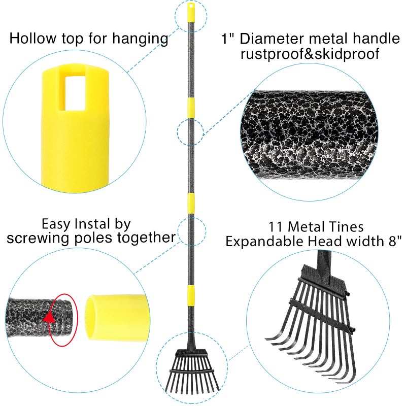 Oliynedy Adjustable Metal Garden Rake for Leaves - Long Handle 30-60", 11 Tines 9" Wide - Small Lawn Collapsible Yard Rake for Adults and Kids - Camping, Flower Beds, Mulch, Shrub - Image 2