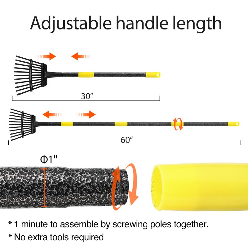Oliynedy Adjustable Metal Garden Rake for Leaves - Long Handle 30-60", 11 Tines 9" Wide - Small Lawn Collapsible Yard Rake for Adults and Kids - Camping, Flower Beds, Mulch, Shrub - Image 4