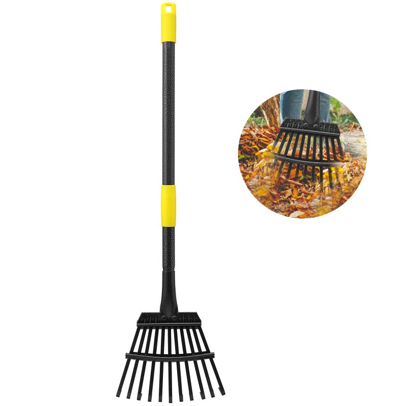 Oliynedy Adjustable Metal Garden Rake for Leaves - Long Handle 30-60", 11 Tines 9" Wide - Small Lawn Collapsible Yard Rake for Adults and Kids - Camping, Flower Beds, Mulch, Shrub - Image 1