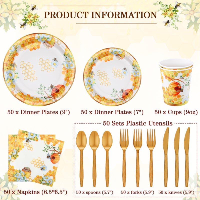 Ziliny 350 Pcs Tea Party Supplies Spring Summer Sage Green Sunflower Party Tableware Set Disposable Plates Napkins Paper Cups Plastic Cutlery Set For Birthday Bridal Baby Shower Serves 50(Bee) - Image 2