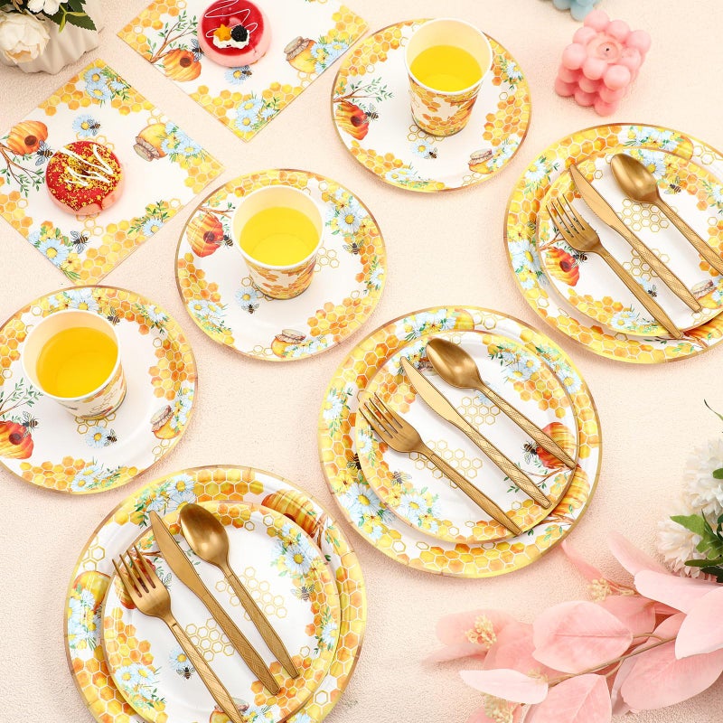 Ziliny 350 Pcs Tea Party Supplies Spring Summer Sage Green Sunflower Party Tableware Set Disposable Plates Napkins Paper Cups Plastic Cutlery Set For Birthday Bridal Baby Shower Serves 50(Bee) - Image 4