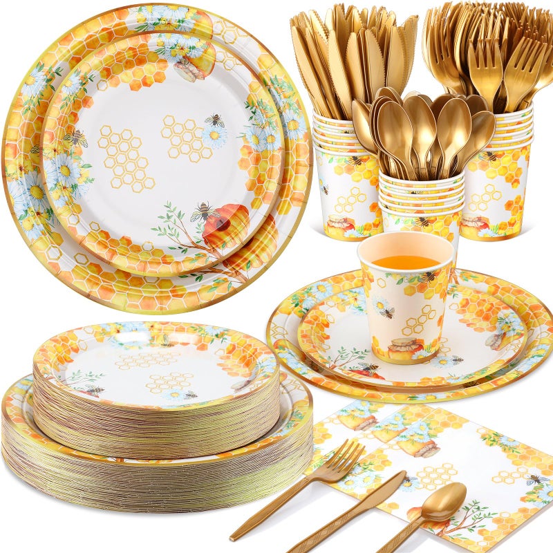Ziliny 350 Pcs Tea Party Supplies Spring Summer Sage Green Sunflower Party Tableware Set Disposable Plates Napkins Paper Cups Plastic Cutlery Set For Birthday Bridal Baby Shower Serves 50(Bee) - Image 1