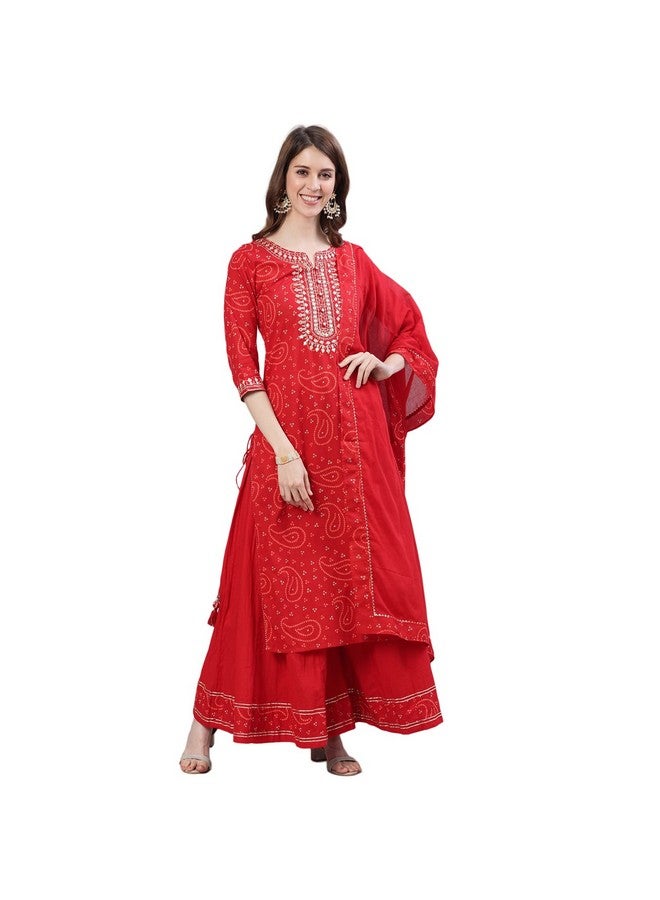 ishin Women's Cotton Bandhani Embroidered Straight Kurta Sharara Dupattta Set - Image 1