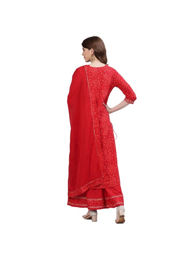 ishin Women's Cotton Bandhani Embroidered Straight Kurta Sharara Dupattta Set - Image 2