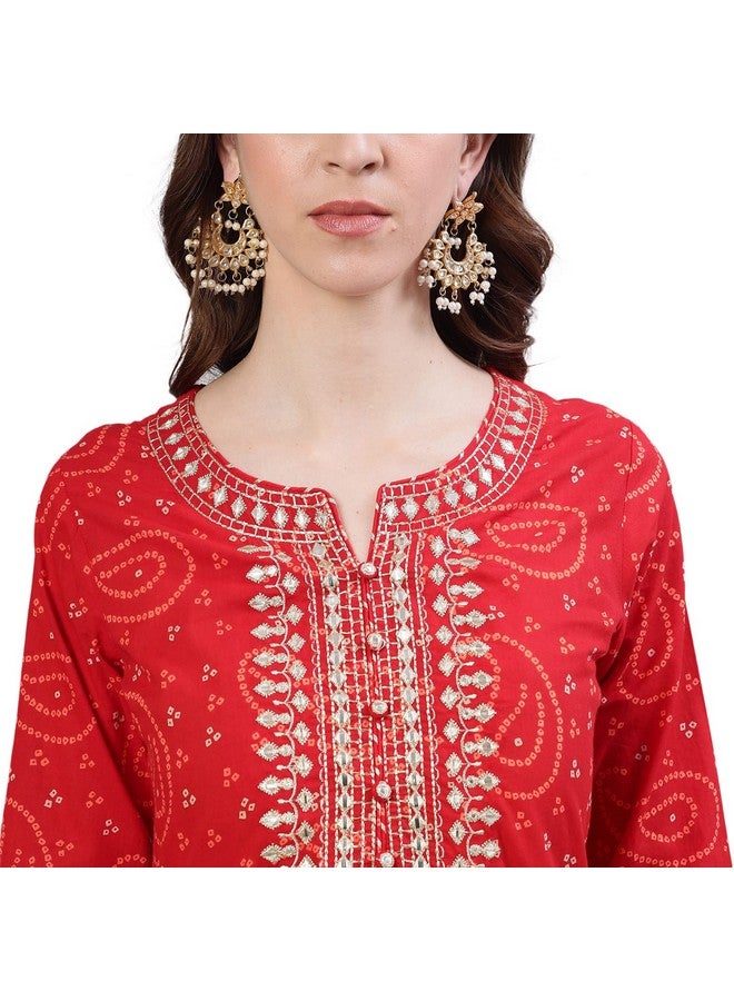 ishin Women's Cotton Bandhani Embroidered Straight Kurta Sharara Dupattta Set - Image 3