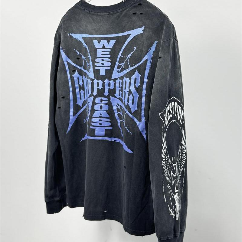 West Coast Purple Flame Motorcycle Retro Distressed Washed Hole American Fashion Loose Casual Long Sleeve T-Shirt For Men - Image 3