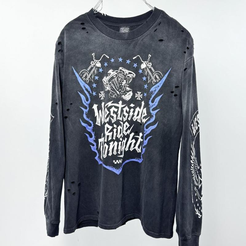 West Coast Purple Flame Motorcycle Retro Distressed Washed Hole American Fashion Loose Casual Long Sleeve T-Shirt For Men - Image 2