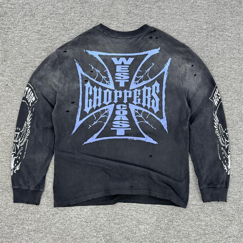 West Coast Purple Flame Motorcycle Retro Distressed Washed Hole American Fashion Loose Casual Long Sleeve T-Shirt For Men - Image 4