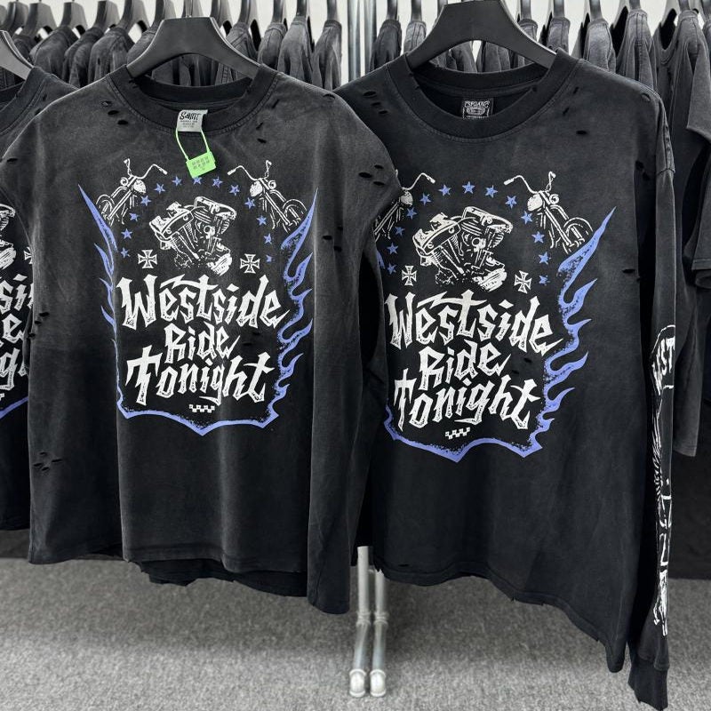 West Coast Purple Flame Motorcycle Retro Distressed Washed Hole American Fashion Loose Casual Long Sleeve T-Shirt For Men - Image 5