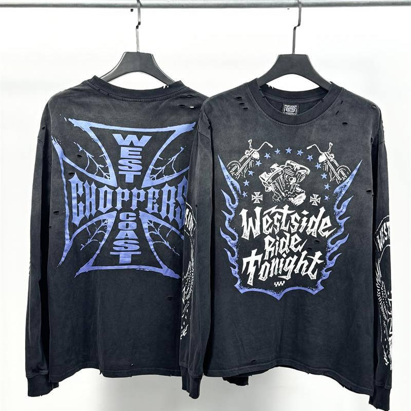 West Coast Purple Flame Motorcycle Retro Distressed Washed Hole American Fashion Loose Casual Long Sleeve T-Shirt For Men - Image 1