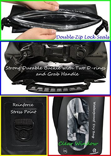 Freegrace Waterproof Dry Bags Set of 3 Dry Bag with 2 Zip Lock Seals & Detachable Shoulder Strap, Waist Pouch & Phone Case - Can Be Submerged Into Water - for Swimming (Black(Window), 20L) - Image 3