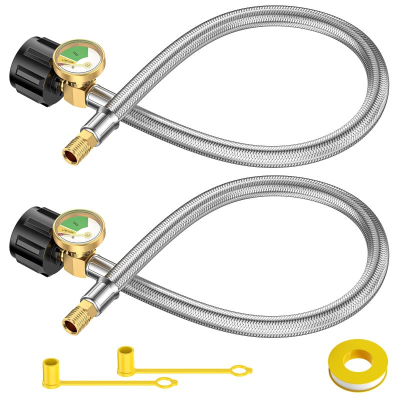 GasXpert 2PCS 15 Inch RV Propane Tank Hose with Gauge Steel Braided Camper Tank Hose RV lp Gas Hoses Connector for TwoStage Regulator QCC1 to 14 Male NPT Adapter Not Male Inverted - Image 2