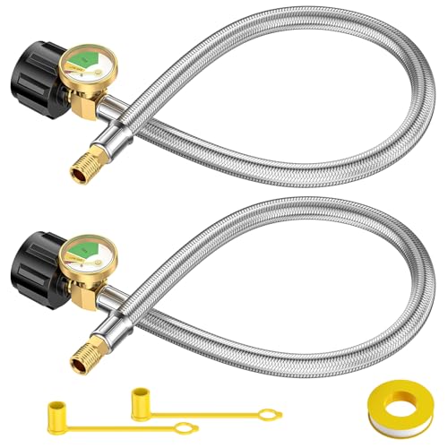 GasXpert 2PCS 15 Inch RV Propane Tank Hose with Gauge Steel Braided Camper Tank Hose RV lp Gas Hoses Connector for TwoStage Regulator QCC1 to 14 Male NPT Adapter Not Male Inverted - Image 1