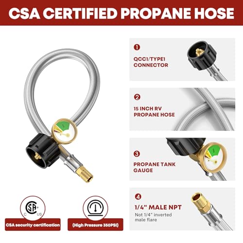 GasXpert 2PCS 15 Inch RV Propane Tank Hose with Gauge Steel Braided Camper Tank Hose RV lp Gas Hoses Connector for TwoStage Regulator QCC1 to 14 Male NPT Adapter Not Male Inverted - Image 3