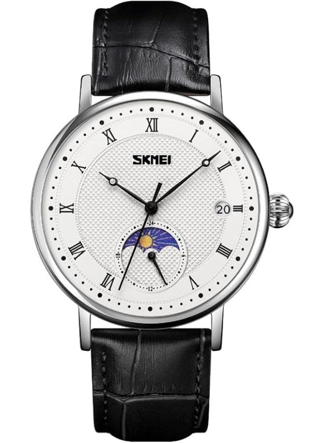 9308.1 Men Quartz Watch Silver Black Dial Leather Strap Business Style - Image 1