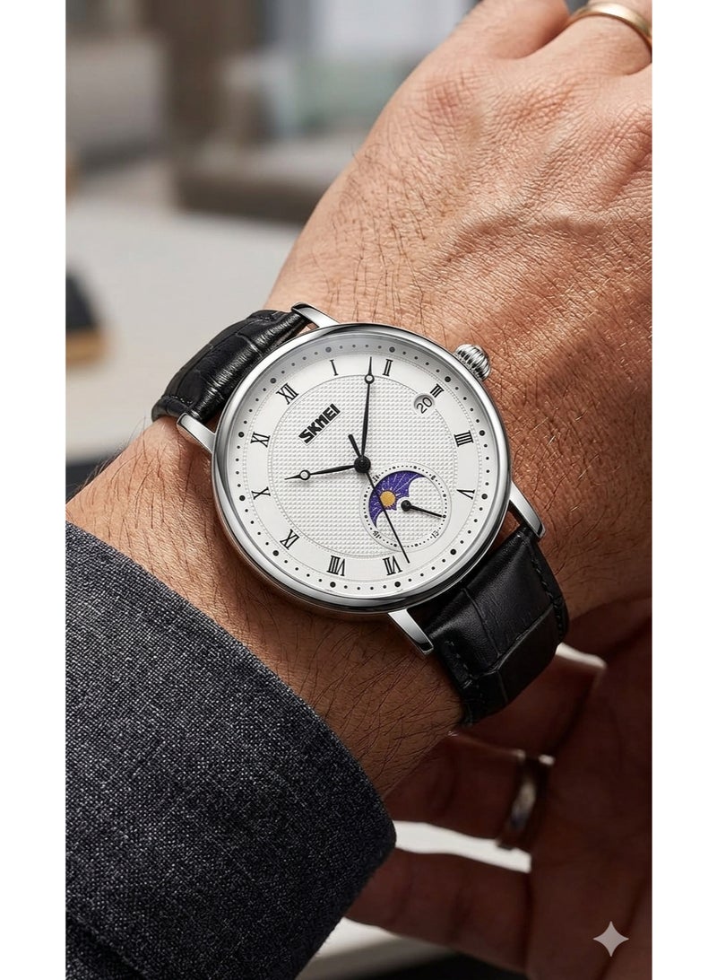 9308.1 Men Quartz Watch Silver Black Dial Leather Strap Business Style - Image 2