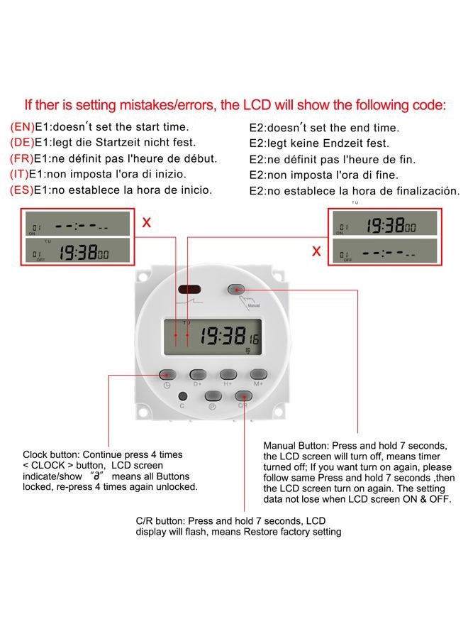 Heschen Digital LCD Power Weekly Programmable Timer Relay Switch, CN101A, AC220V 16Amp, SPST, with Waterproof Cover, White (AC220V+CAP) - Image 5