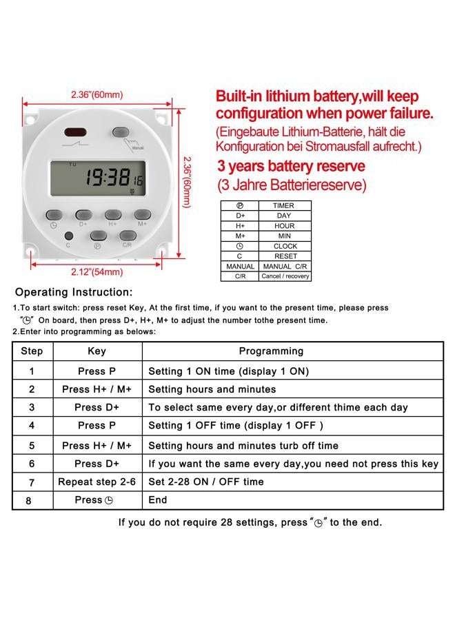 Heschen Digital LCD Power Weekly Programmable Timer Relay Switch, CN101A, AC220V 16Amp, SPST, with Waterproof Cover, White (AC220V+CAP) - Image 4