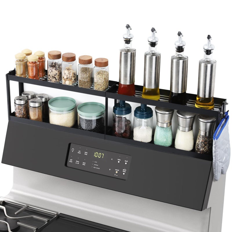 OTraki 2 Tier Strong Magnetic Oven Shelf 30 Inch Length Spice Rack Over The Stove Shelf with 2 AntiSlip Mats Seasoning  4 Hooks Kitchen Spice Storage Organizer Black