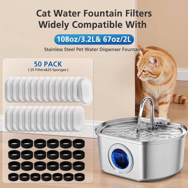 Beckacher 50 Pack Cat Water Fountain Filters for 108/3.2L& 67oz/2L Stainless Steel Pet Water Dispenser Cat/Dog Fountain Filter Replacement(25 Filters & 25 Sponges) - Image 2
