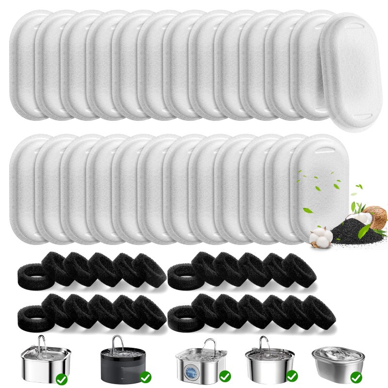 Beckacher 50 Pack Cat Water Fountain Filters for 108/3.2L& 67oz/2L Stainless Steel Pet Water Dispenser Cat/Dog Fountain Filter Replacement(25 Filters & 25 Sponges) - Image 1