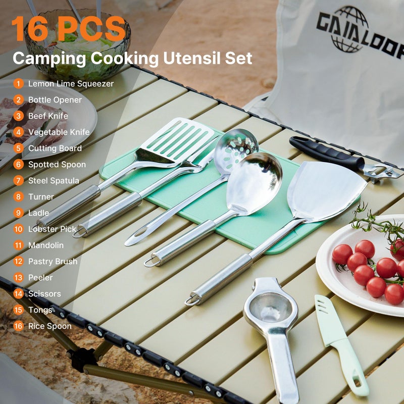 GAIALOOP Camping Cooking Utensils Set 16 PCS Camp Kitchen Cookware Kit with Organizer Bag, Portable RV Camping Essentials Camper Must Haves for Cookouts Open Fire Pit - Image 2