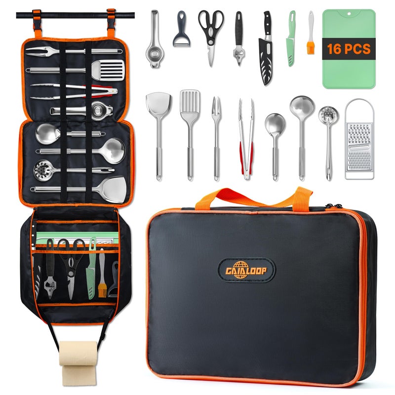 GAIALOOP Camping Cooking Utensils Set 16 PCS Camp Kitchen Cookware Kit with Organizer Bag, Portable RV Camping Essentials Camper Must Haves for Cookouts Open Fire Pit - Image 1