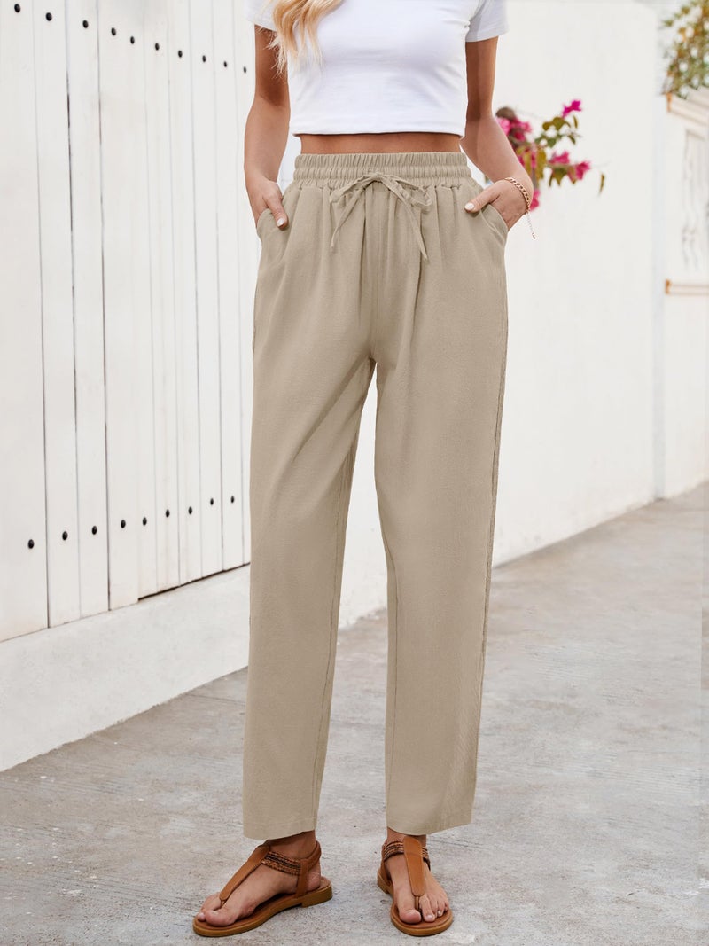 Puimentiua Women Linen Pants Lightweight Pants with Lace Side Summer Casual Beach Drawstring Elastic Waist Trousers Khaki - Image 2