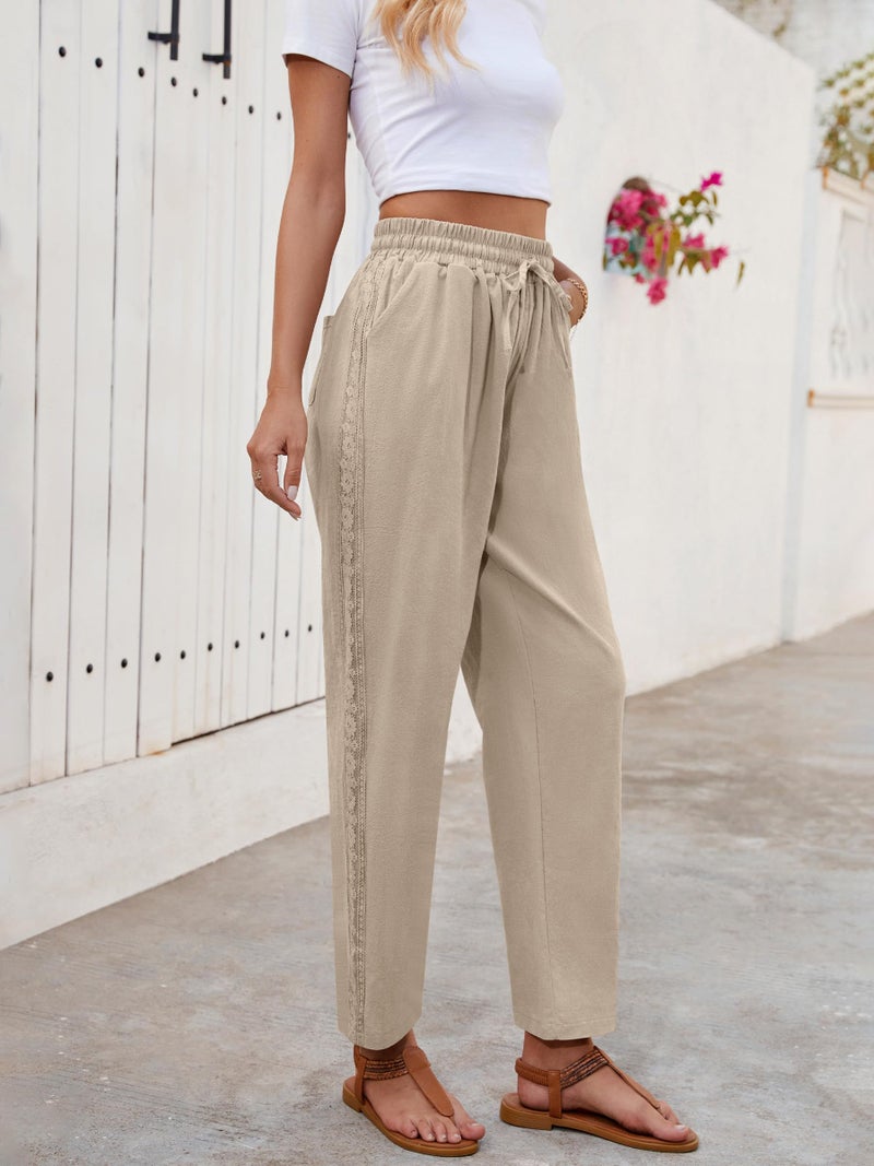 Puimentiua Women Linen Pants Lightweight Pants with Lace Side Summer Casual Beach Drawstring Elastic Waist Trousers Khaki - Image 3