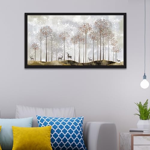 DEKORSTATION Golden Tranquility Modern Canvas Wall Art with Golden Tree and Deer Floating Frame Canvas Wall Painting for Home and Office Décor (24 Inch W x 12 Inch H) - Image 1